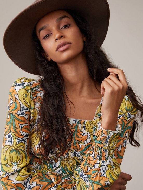 Anthropologie Tops - Anthropologie Rayna Smocked Floral Blouse Square Neck Puff Sleeve Boho